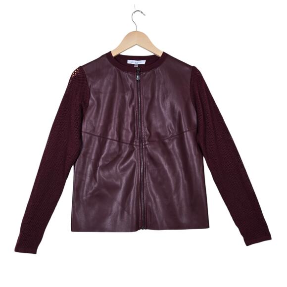 Sioni Milano Faux Leather Jacket sz S Merlot Zip Up Open Knit Sleeve Rhinestone - Picture 1 of 16